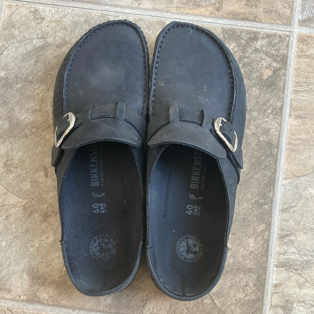 Birkenstock Black Slip-On Shoes with Silver Buckle